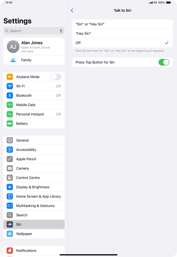 Press the required setting to turn the function on or off. If you turn on the function, you need to follow the instructions on the screen to set up Siri to recognise your voice.