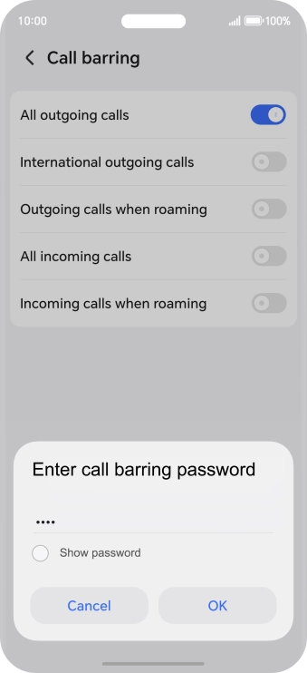 Key in your barring password and press OK. The default barring password is 1919.