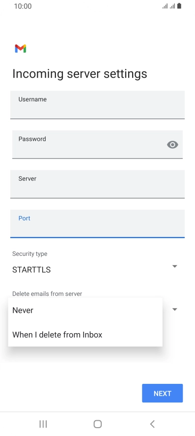 Press Never to keep email messages on the server when you delete them on your phone. Press Never to keep email messages on the server when you delete them on your phone.