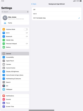 To turn off background refresh of apps, press Off.