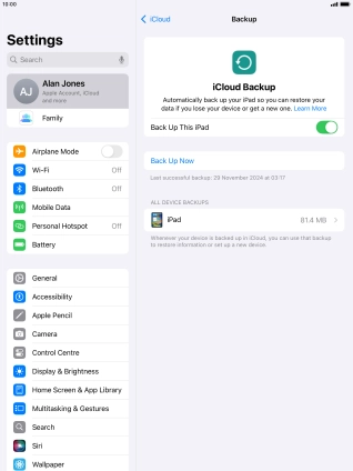 Press Back Up Now and wait while the tablet memory is backed up.