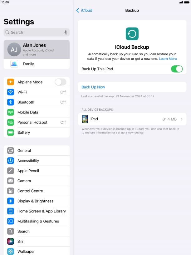 Press Back Up Now and wait while the tablet memory is backed up.