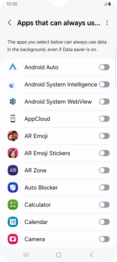 Press the indicators next to the required apps to turn the function on or off.
