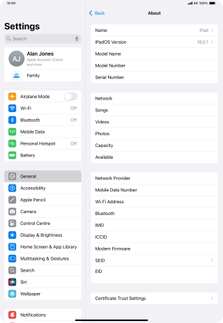 Your tablet's software version is displayed next to iPadOS Version. Your tablet's software version is displayed next to iPadOS Version.