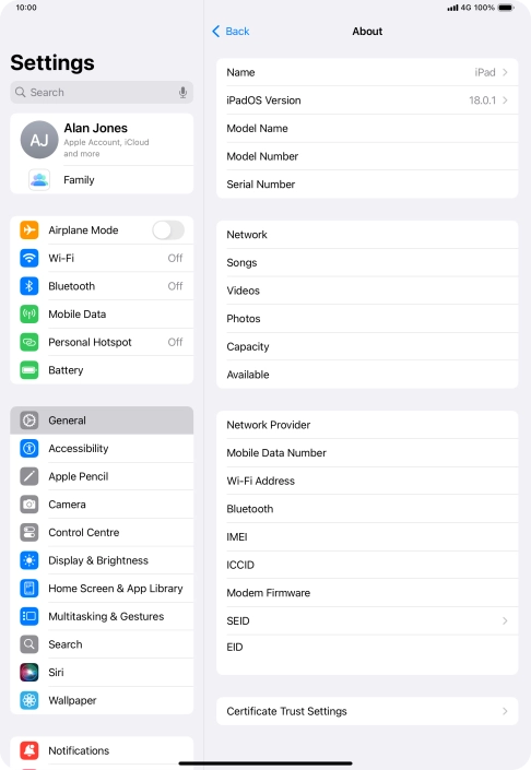 Your tablet's software version is displayed next to iPadOS Version. Your tablet's software version is displayed next to iPadOS Version.