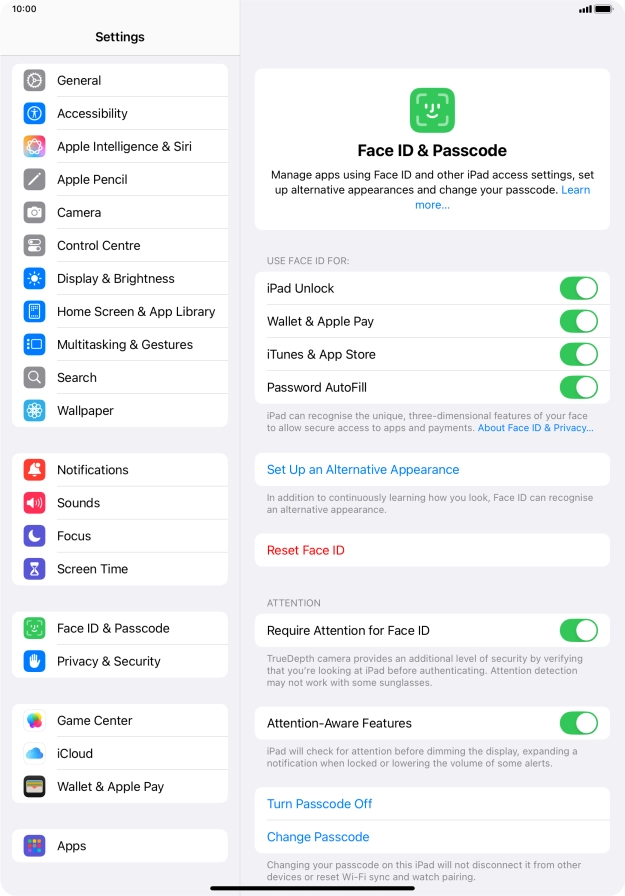 Press the indicators next to the required settings to turn them on or off.