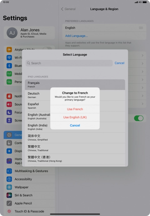 To select the new language as the default tablet language, press Use ‹language›.