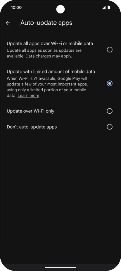 To turn on automatic update of apps using mobile network, press Update all apps over Wi-Fi or mobile data. To turn on automatic update of apps using mobile network, press Update all apps over Wi-Fi or mobile data.