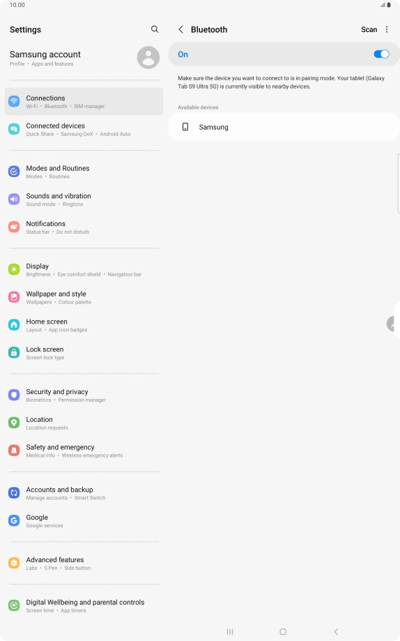 Press the required Bluetooth device and follow the instructions on the screen to pair the device with your tablet.