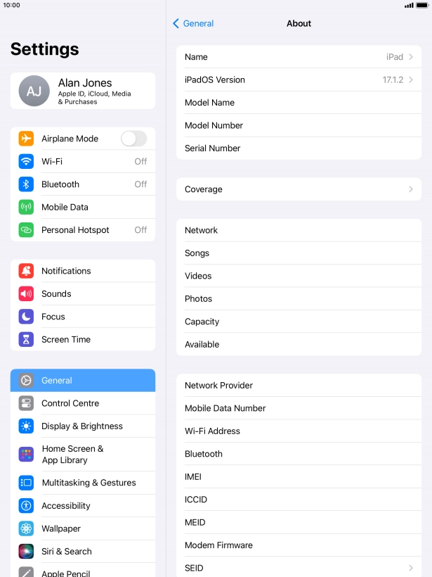 Your tablet's software version is displayed next to iPadOS Version.