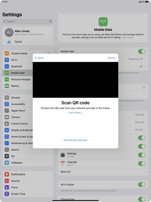 Place the QR code you've received inside the tablet camera frame to scan the code. Your eSIM is transferred to your new tablet over the internet.
