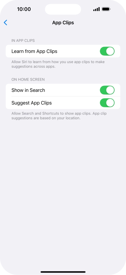 Press the indicators next to the required settings to turn them on or off.