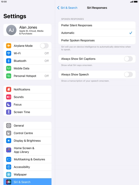 Press the required setting.