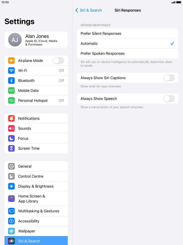 Press the required setting.