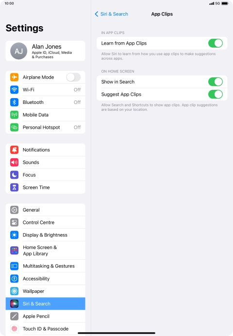 Press the indicators next to the required settings to turn them on or off.