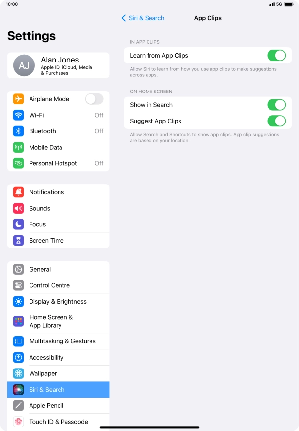 Press the indicators next to the required settings to turn them on or off.