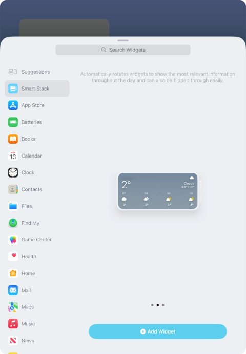 Slide your finger right or left on the screen to select the required widget size.