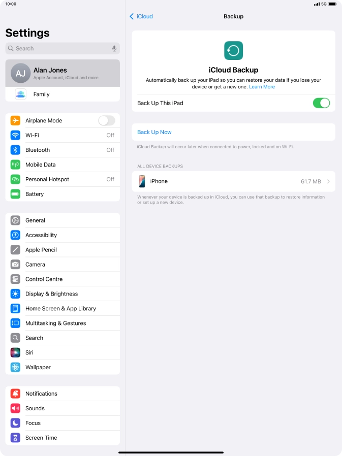 Press Back Up Now and wait while the tablet memory is backed up.
