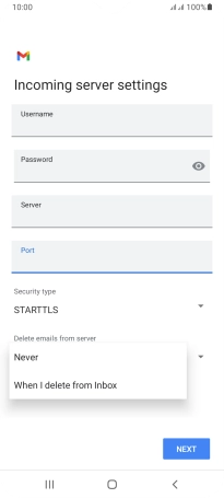 Press Never to keep email messages on the server when you delete them on your phone.