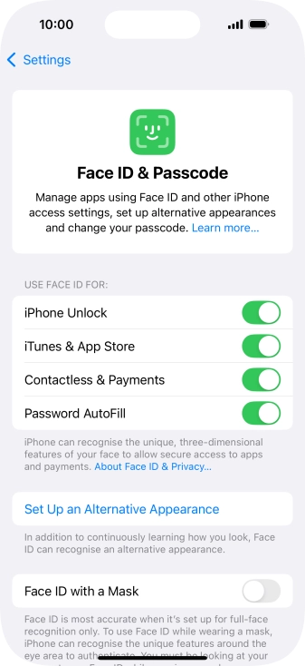 Press the indicators next to the required settings to turn them on or off.