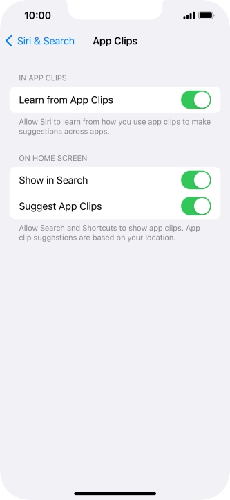 Press the indicators next to the required settings to turn them on or off.