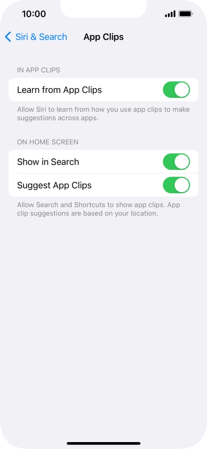 Press the indicators next to the required settings to turn them on or off.