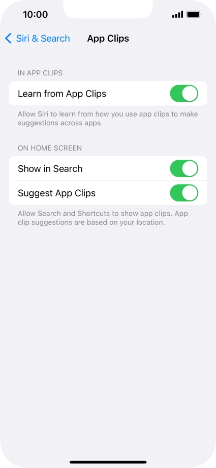Press the indicators next to the required settings to turn them on or off.