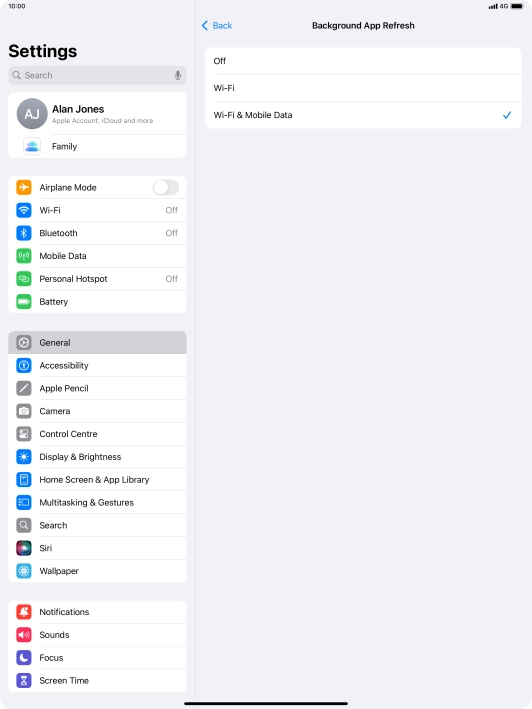To turn off background refresh of apps, press Off. To turn off background refresh of apps, press Off.