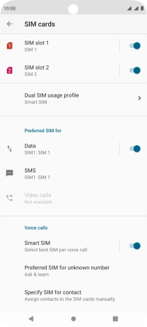 Press the indicator next to the required SIM to turn use of the SIM on or off.