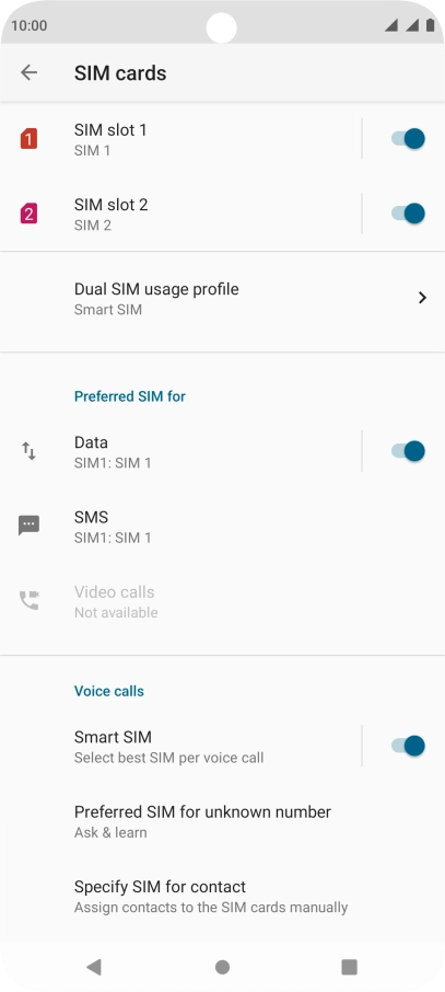 Press the indicator next to the required SIM to turn use of the SIM on or off.