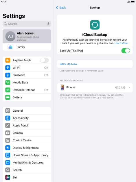 Press Back Up Now and wait while the tablet memory is backed up.