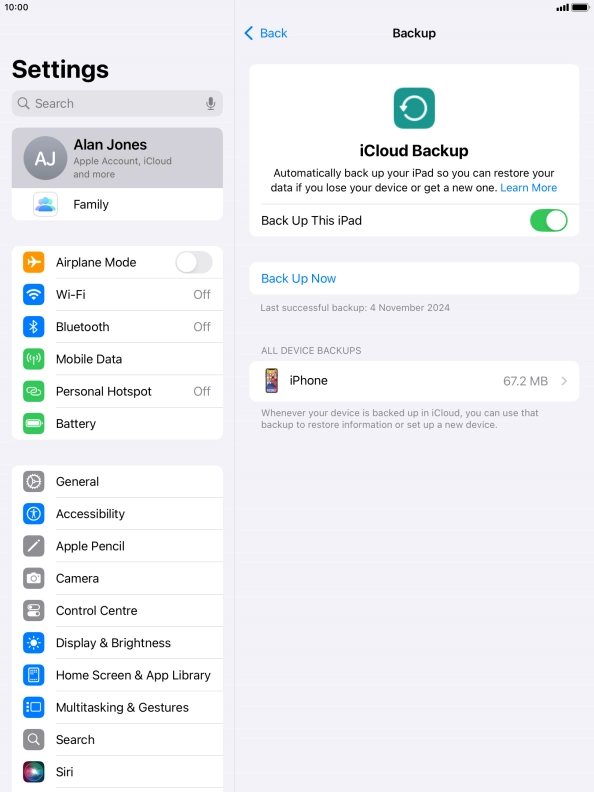 Press Back Up Now and wait while the tablet memory is backed up.