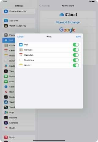 Press the indicators next to the required data types to turn synchronisation of each data type on or off.