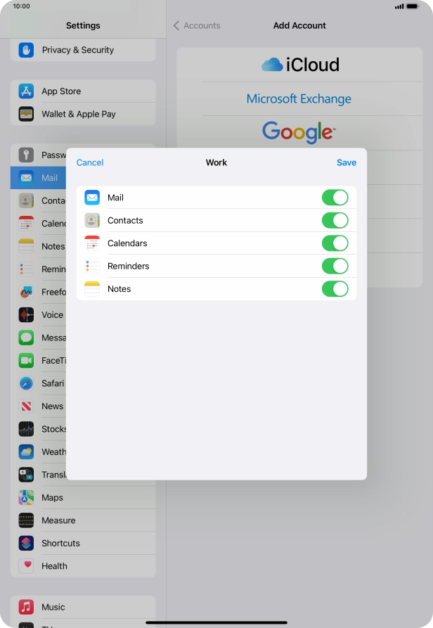 Press the indicators next to the required data types to turn synchronisation of each data type on or off.