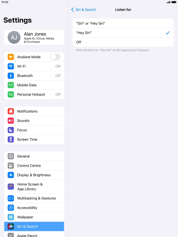 Press the required setting to turn the function on or off. If you turn on the function, you need to follow the instructions on the screen to set up Siri to recognise your voice.