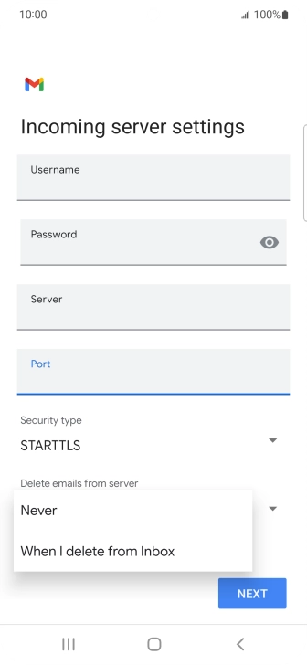 Press Never to keep email messages on the server when you delete them on your phone.