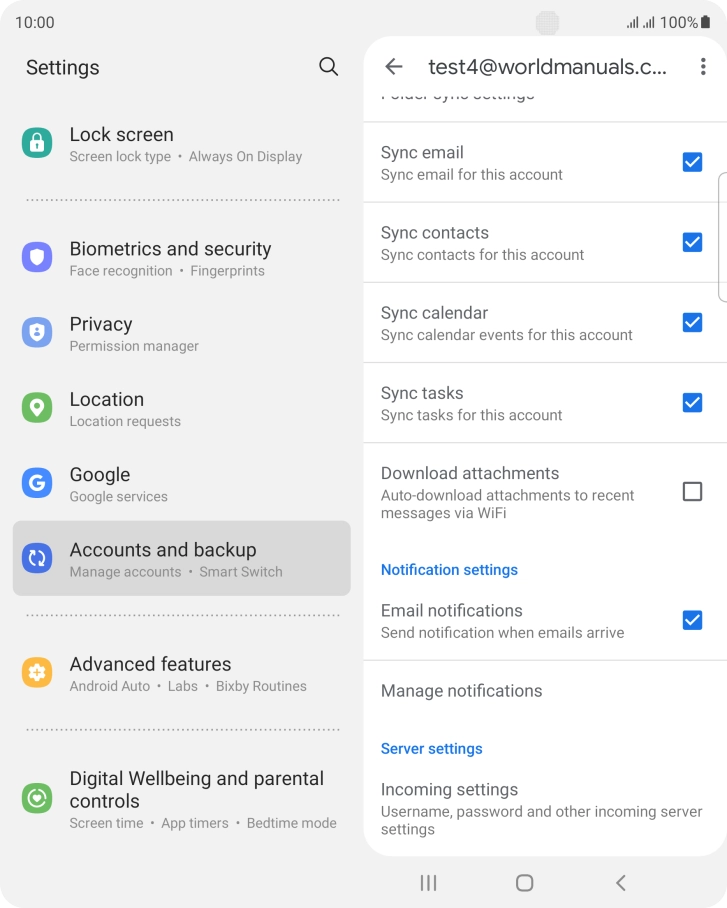 Press the fields next to the required data types to turn synchronisation on or off.