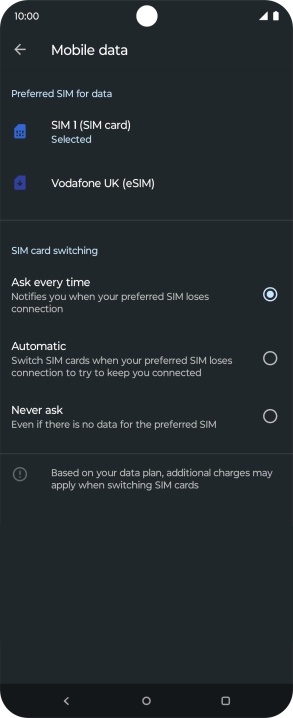 Press the required setting.
