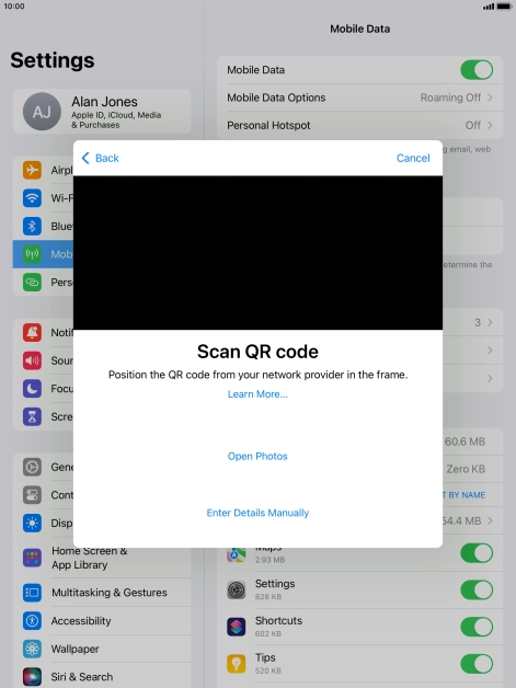 Place the QR code you've received inside the tablet camera frame to scan the code. If you’ve deleted your eSIM, you can re-add it using your existing QR code. If you’re having problems, see our FAQ.