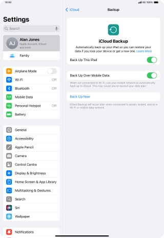 Press Back Up Now and wait while the tablet memory is backed up.