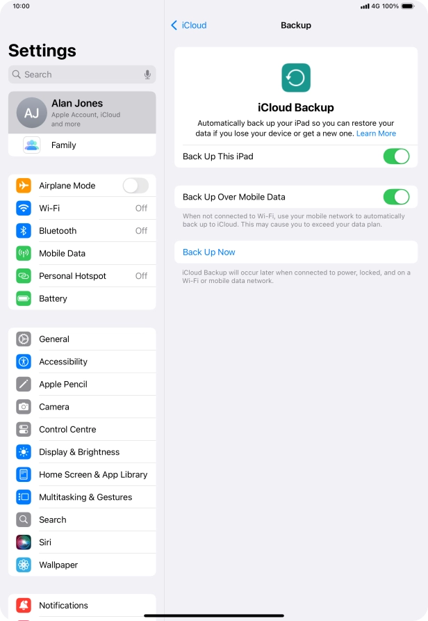 Press Back Up Now and wait while the tablet memory is backed up.