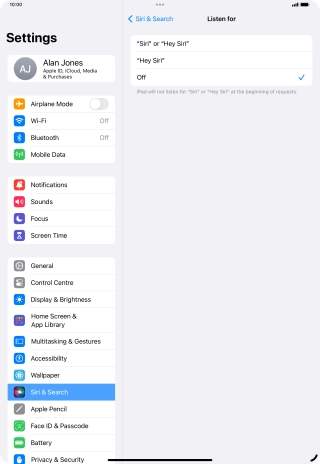 Press the required setting to turn the function on or off. If you turn on the function, you need to follow the instructions on the screen to set up Siri to recognise your voice. Press the required setting to turn the function on or off. If you turn on the function, you need to follow the instructions on the screen to set up Siri to recognise your voice.