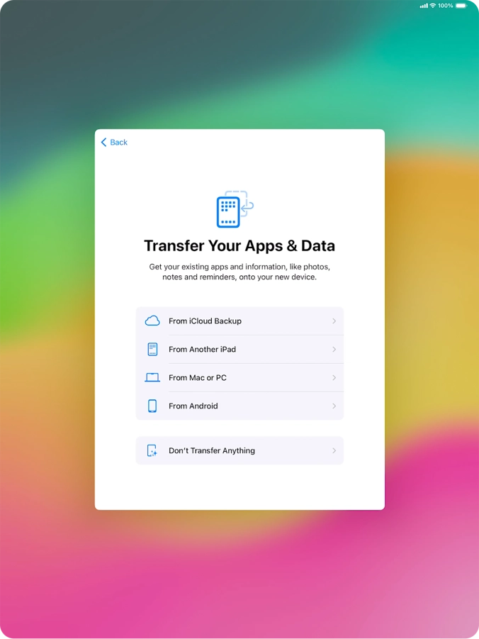 You can transfer the contents of an Android device to your tablet when it's activated for the first time and after a factory reset. When this screen is displayed, your tablet is ready to transfer content from an Android device.
