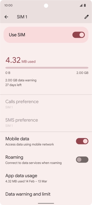 The total data usage is displayed. The total data usage is displayed.