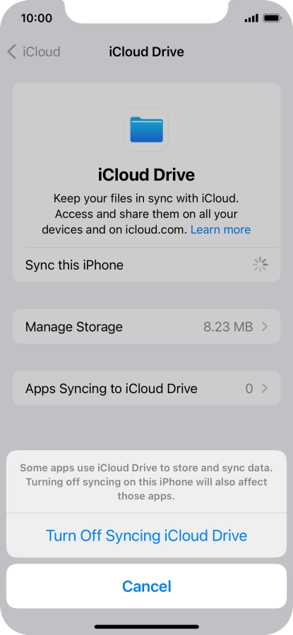 If you turn off the function, press Turn Off Syncing iCloud Drive.