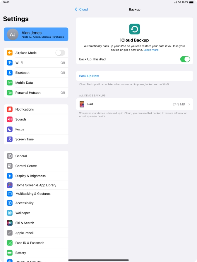 Press Back Up Now and wait while the tablet memory is backed up.