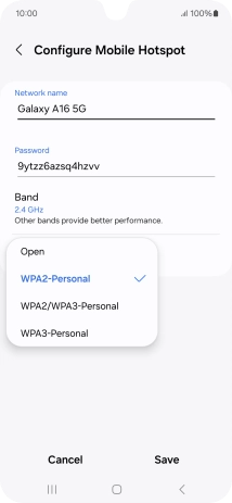 Press WPA3-Personal to password protect your Wi-Fi hotspot.