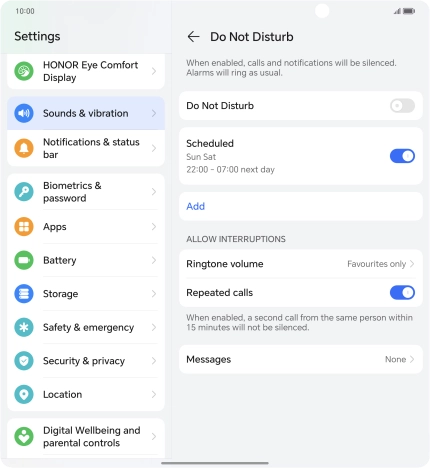 Follow the instructions on the screen to select settings for automatic activation of Do Not Disturb. Follow the instructions on the screen to select settings for automatic activation of Do Not Disturb.