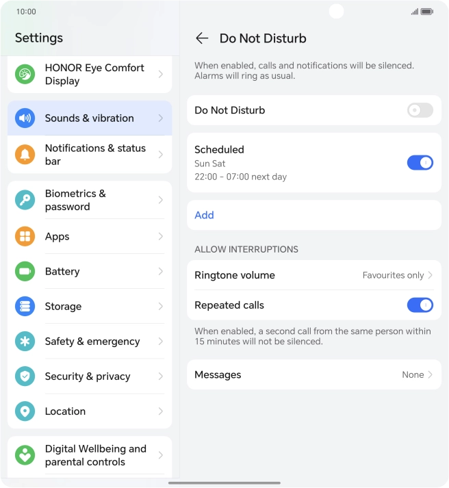 Follow the instructions on the screen to select settings for automatic activation of Do Not Disturb. Follow the instructions on the screen to select settings for automatic activation of Do Not Disturb.