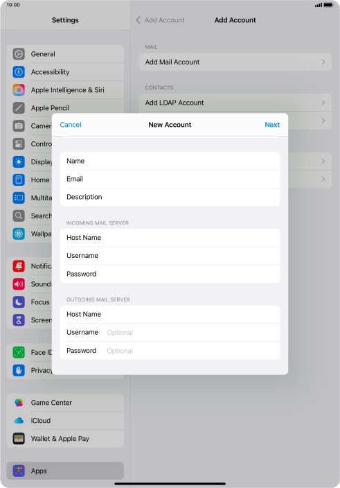Press Username and key in the username for your email account.